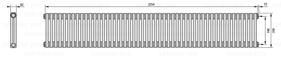 Схема (чертеж) Радиатор Zehnder Charleston 2045/49 №7610 Белый глянцевый RAL 9016